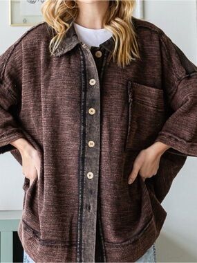Oli & Hali Brown Oversized Button-Up Shacket Jacket M/L Mineral Wash Boho